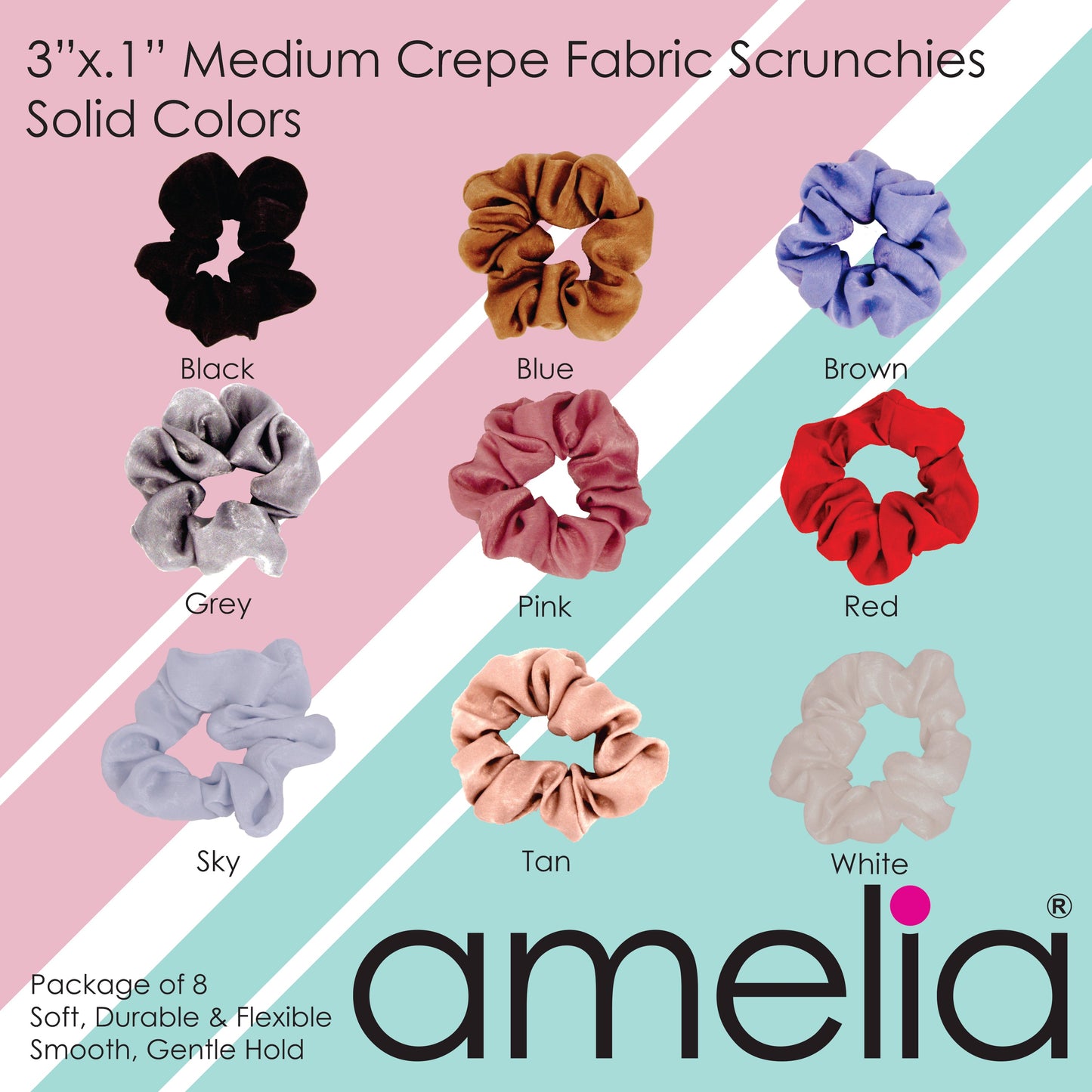Amelia Beauty | 3in Grey Crepe Scrunchies | Soft, Gentle and Strong Hold | No Snag, No Dents or Creases | 8 Pack