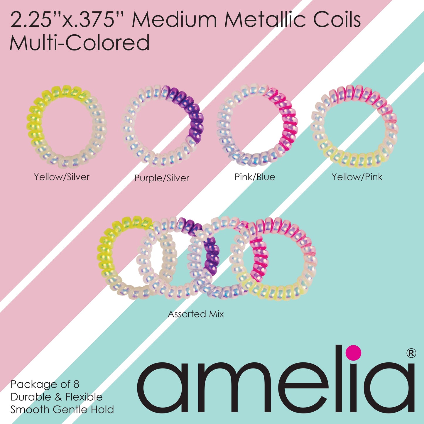 Amelia Beauty Products 8 Medium Smooth Elastic Mutli-Colored Hair Coils, 2.25in Diameter Spiral Hair Ties, Gentle Yet Strong Hold and Minimizes Dents, Purple/Silver