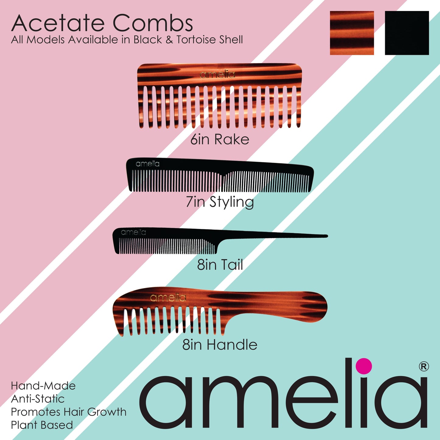 Amelia Beauty Cellulose Acetate 8in Handle Comb, Handmade, Smooth Edges, Eco-Friendly Plant Based Material, Course Tooth - Black Color