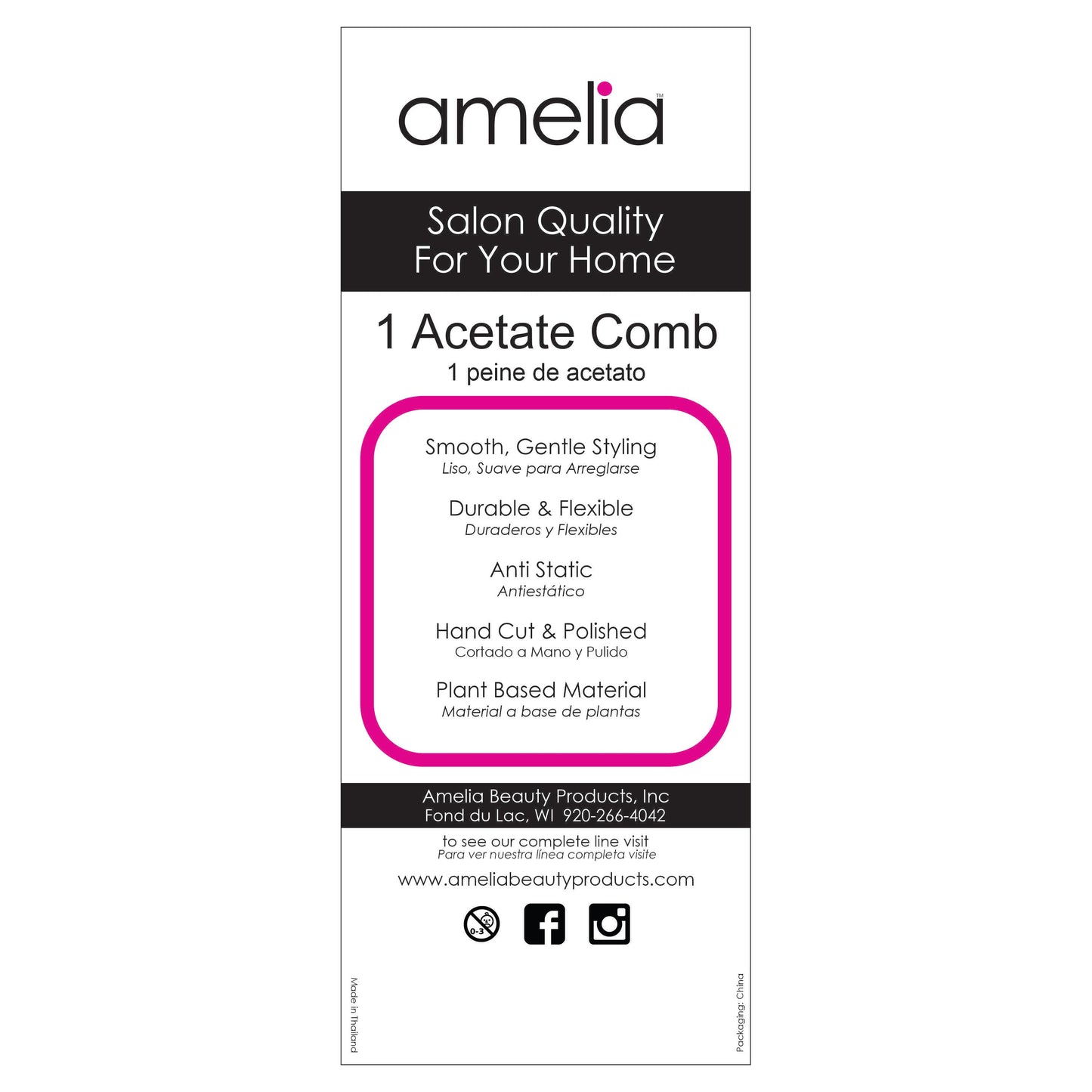 Amelia Beauty Cellulose Acetate 6in Rake Detangling Comb, Handmade, Smooth Edges, Eco-Friendly Plant Based Material,  Course Teeth - Black Color