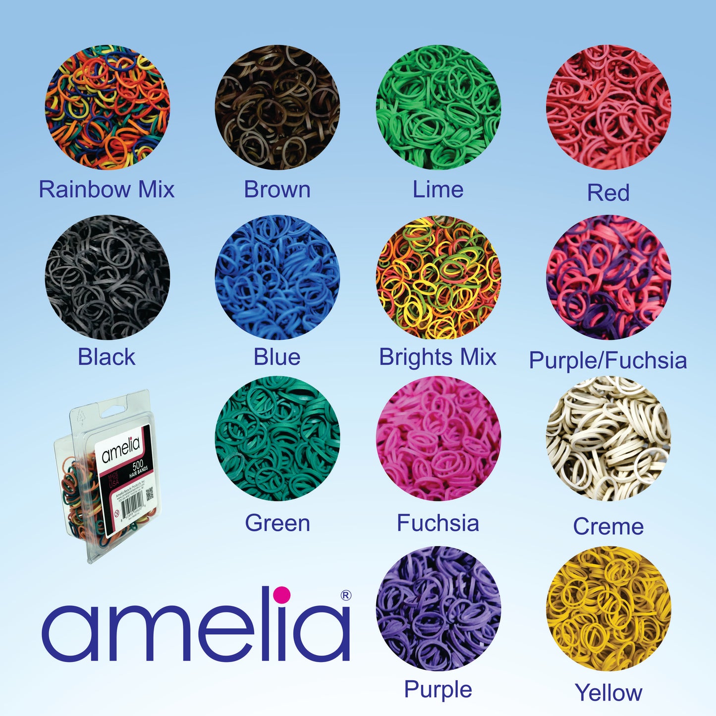 Amelia Beauty | 1/2in, Black, Elastic Rubber Band Pony Tail Holders | Made in USA, Ideal for Ponytails, Braids, Twists, Dreadlocks, Styling Accessories for Women, Men and Girls | 1000 Pack