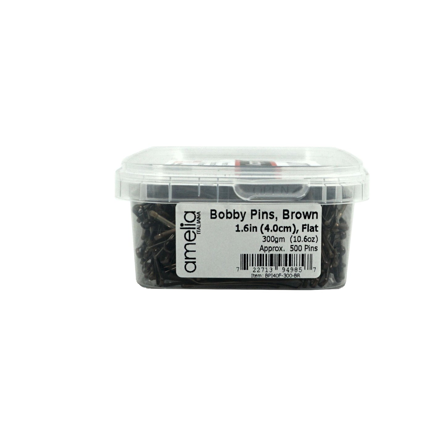 500, Brown, 1.6in (4.0cm), Flat Italian Made Bobby Pins, Recloseable Stay Clean and Organized Container