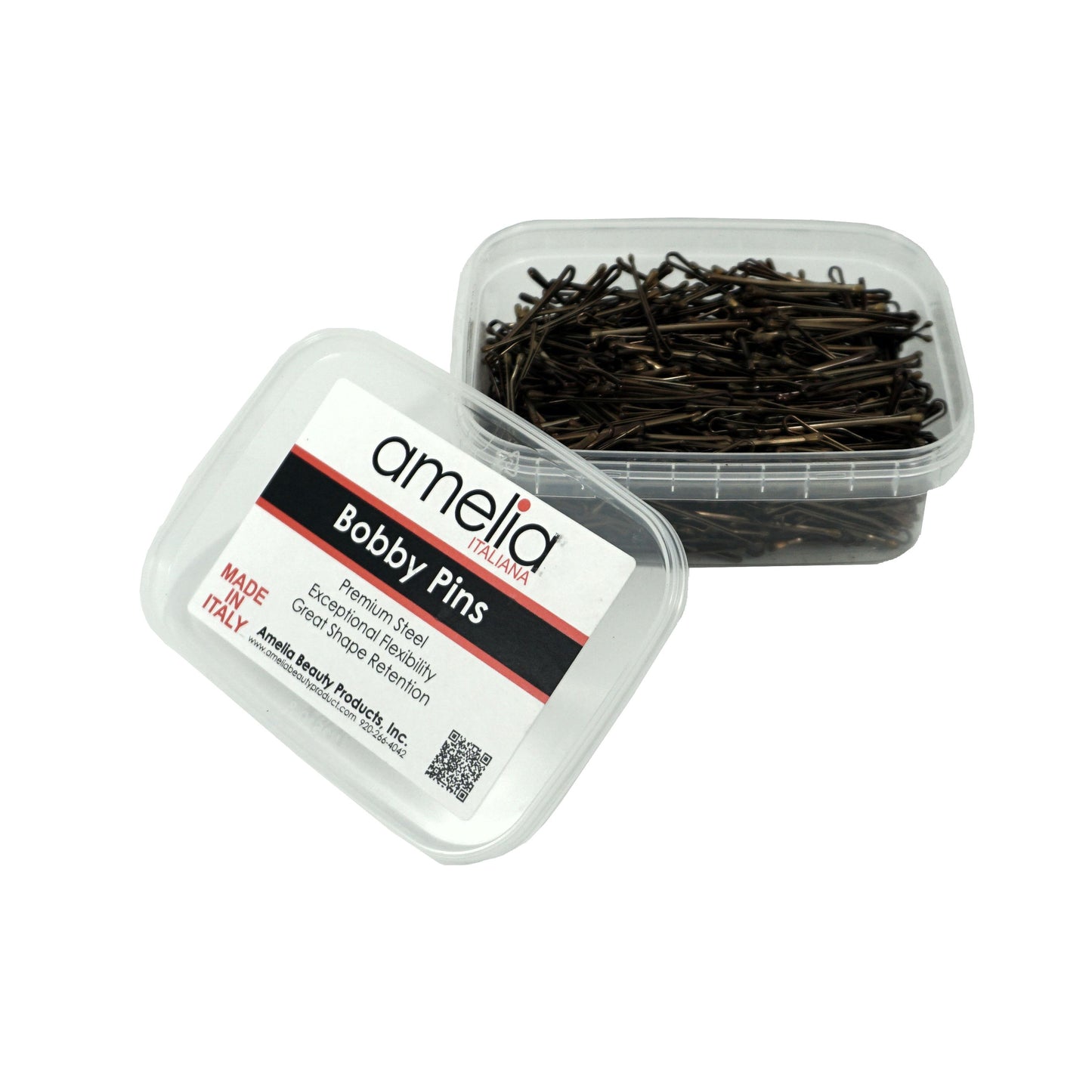 500, Brown, 1.6in (4.0cm), Flat Italian Made Bobby Pins, Recloseable Stay Clean and Organized Container