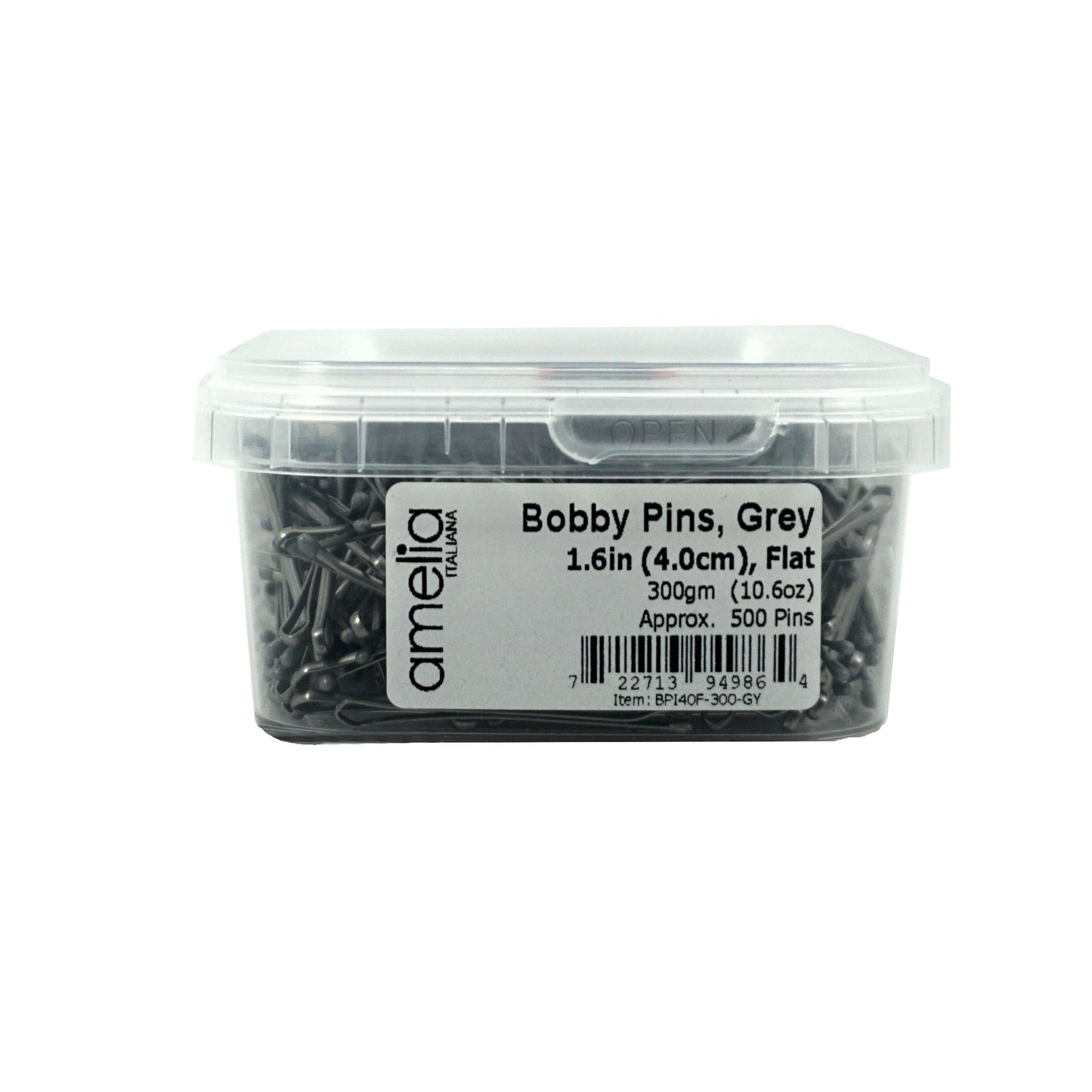 500, Grey, 1.6in (4.0cm), Flat Italian Made Bobby Pins, Recloseable Stay Clean and Organized Container
