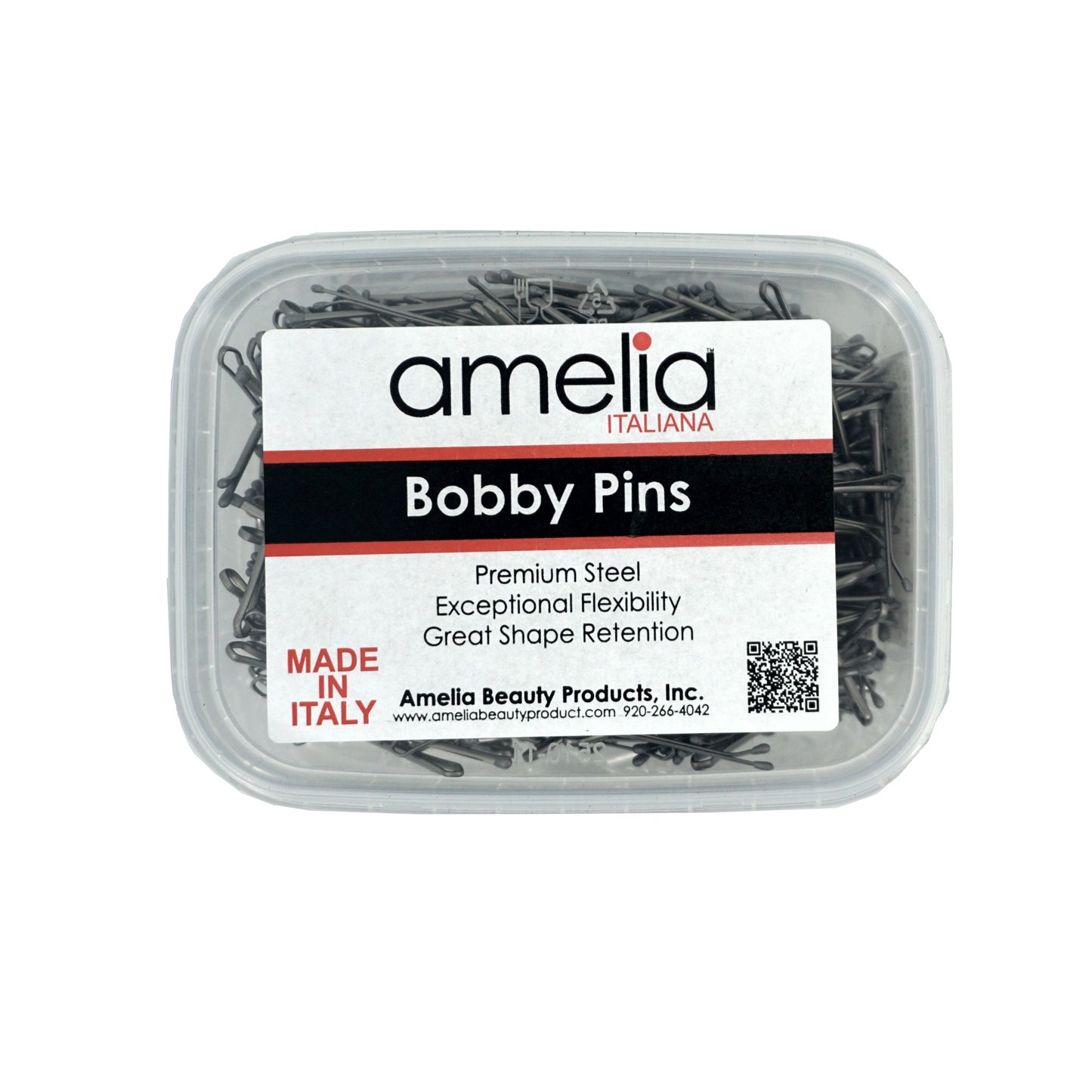 500, Grey, 1.6in (4.0cm), Flat Italian Made Bobby Pins, Recloseable Stay Clean and Organized Container