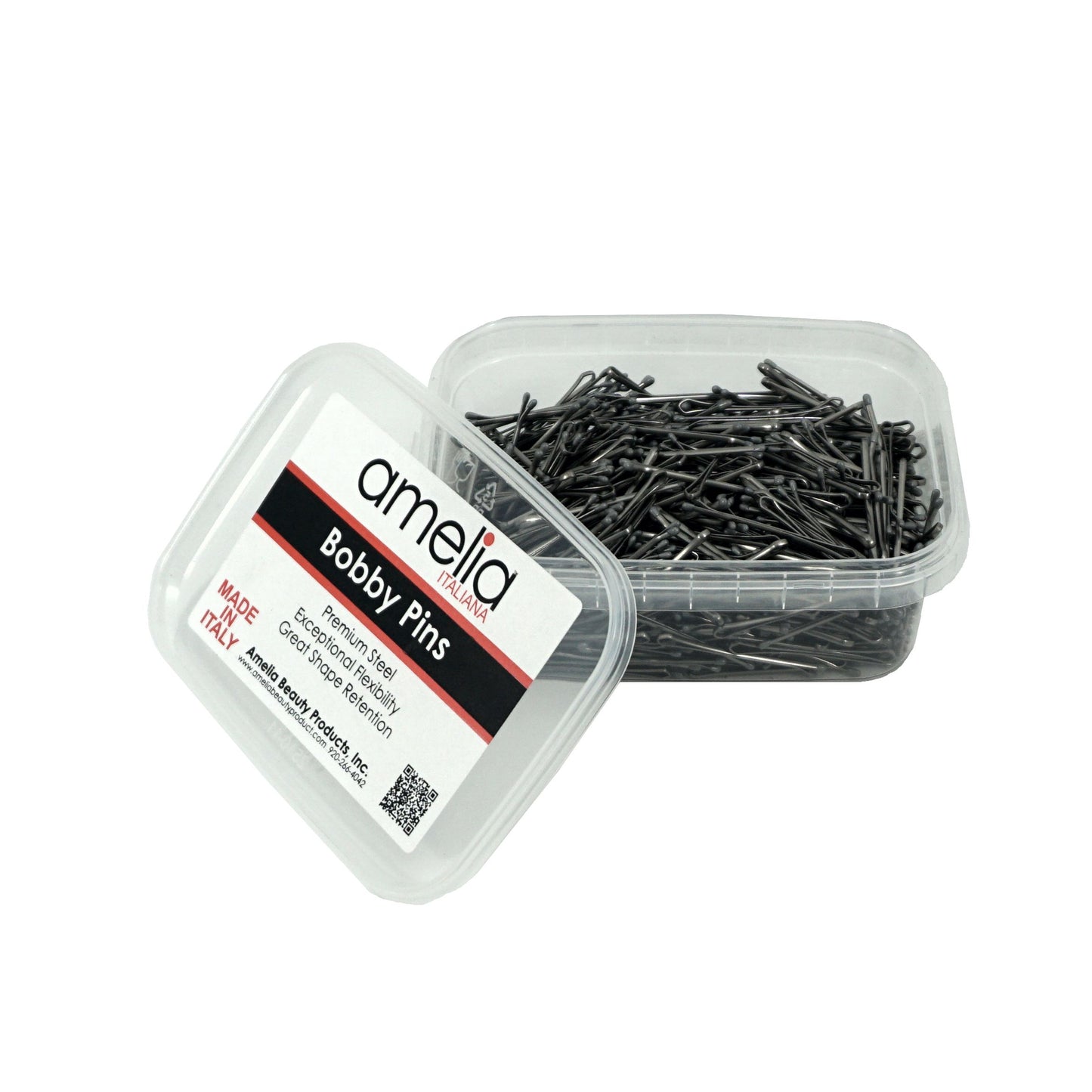 500, Grey, 1.6in (4.0cm), Flat Italian Made Bobby Pins, Recloseable Stay Clean and Organized Container