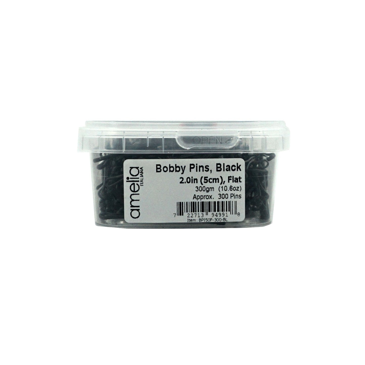 300, Black, 2.0in (5.0cm), Italian Made Flat Bobby Pins, Recloseable Stay Clean and Organized Container