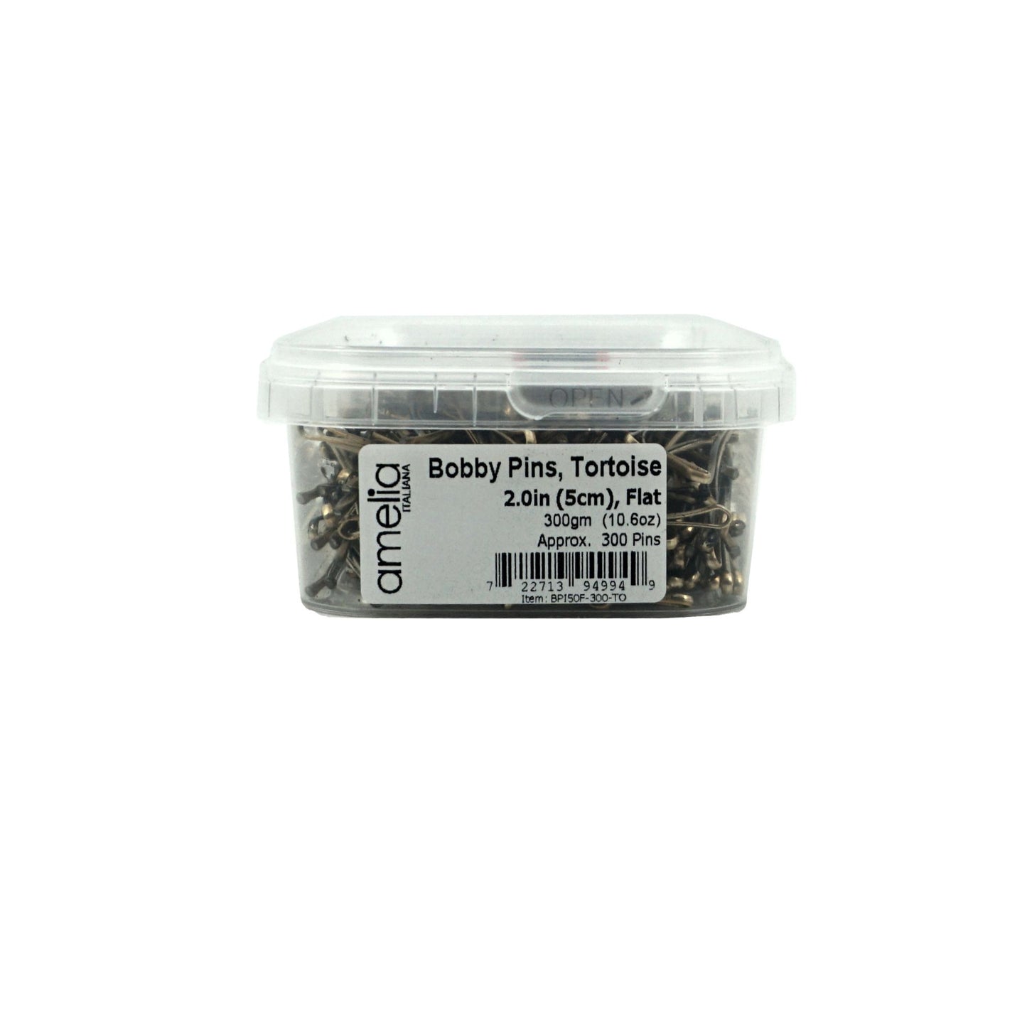 300, Tortoise Color (Brassed/Black), 2.0in (5.0cm), Italian Made Flat Bobby Pins, Recloseable Stay Clean and Organized Container