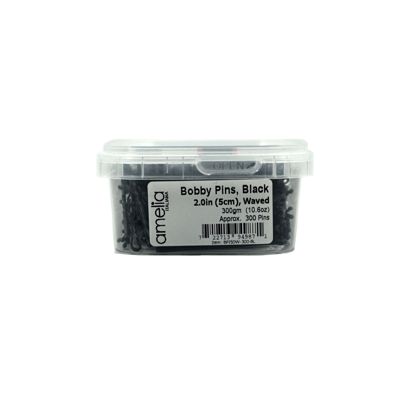 300, Black, 2.0in (5.0cm), Italian Made Bobby Pins, Recloseable Stay Clean and Organized Container