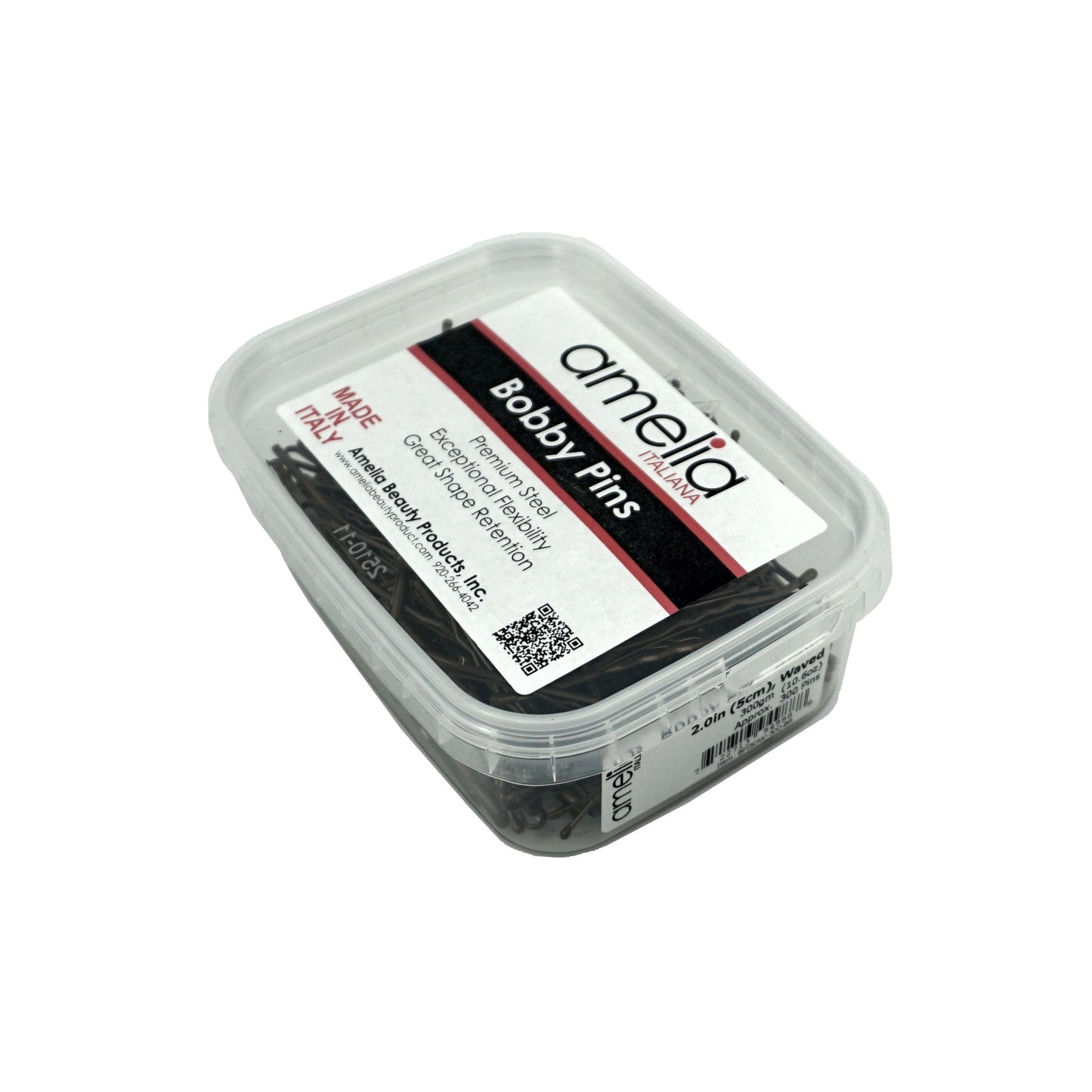 300, Brown, 2.0in (5.0cm), Italian Made Bobby Pins, Recloseable Stay Clean and Organized Container