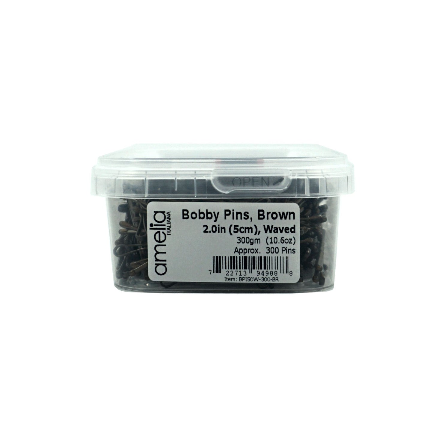 300, Brown, 2.0in (5.0cm), Italian Made Bobby Pins, Recloseable Stay Clean and Organized Container