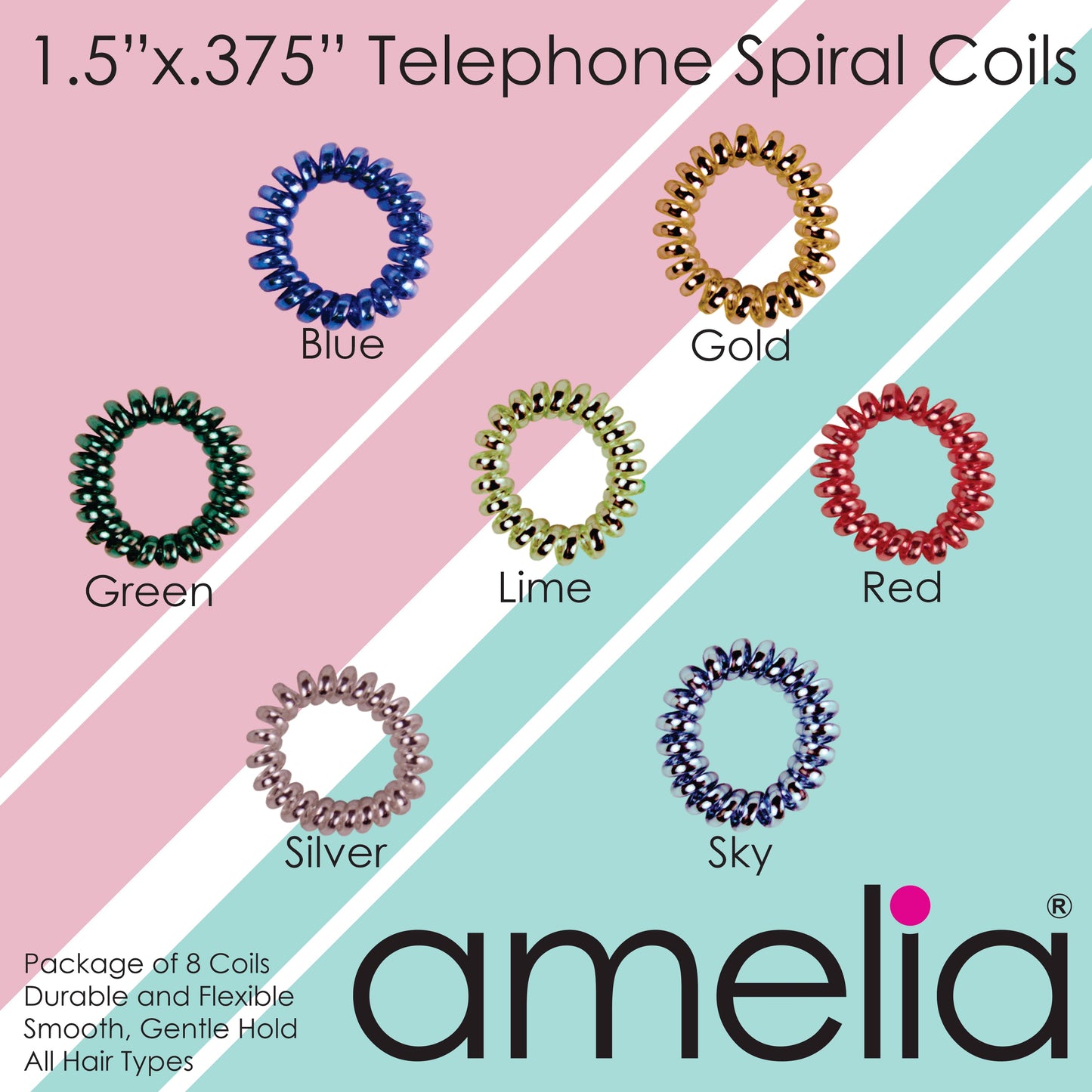 Amelia Beauty, 8 Small Shinny Elastic Hair Telephone Cord Coils, 1.5in Diameter Spiral Hair Ties, Strong Hold, Gentle on Hair, Red, Silver and Blue