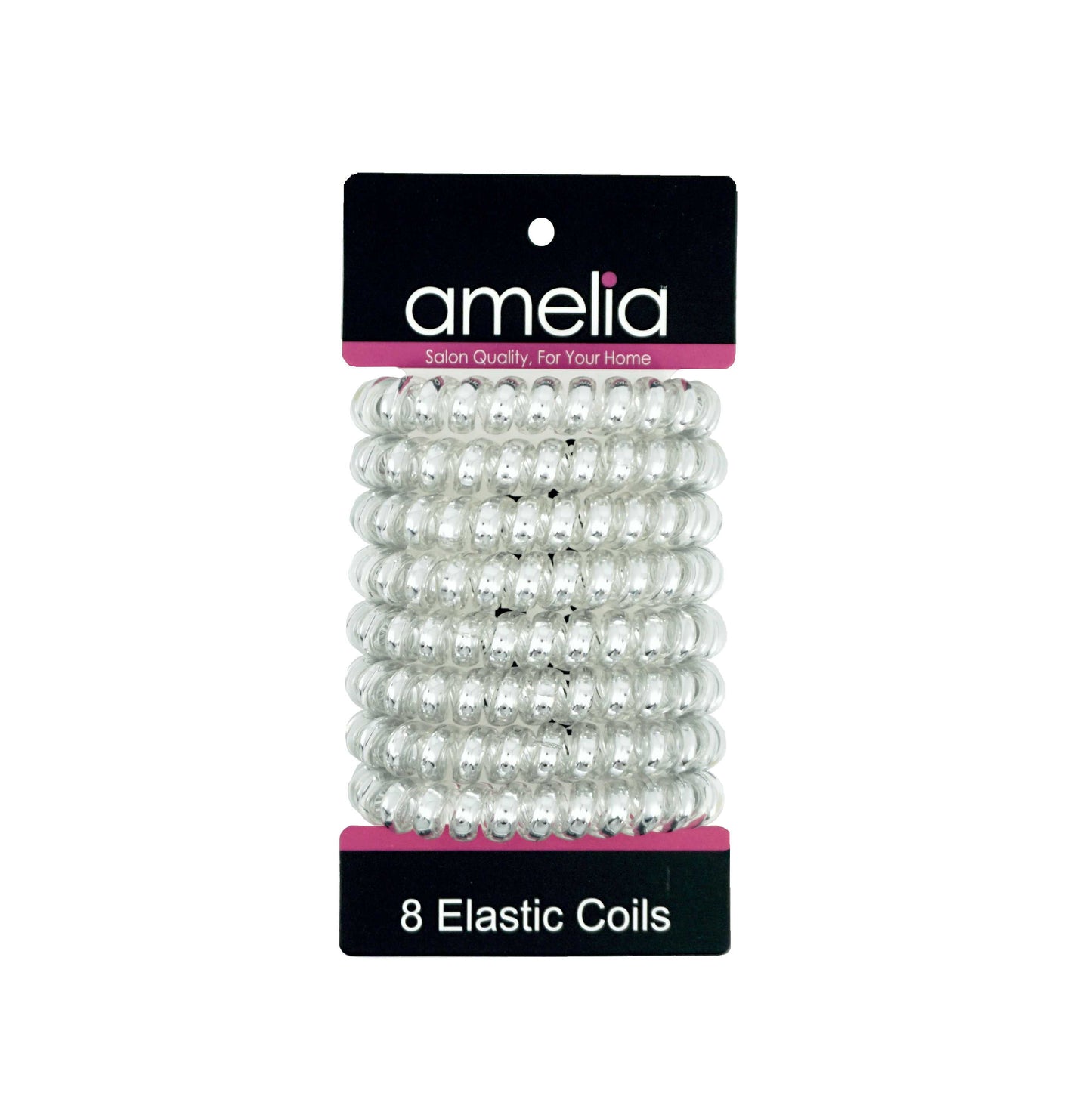 Amelia Beauty Products 8 Large Smooth Shiny Center Elastic Hair Coils, 2. 5in Diameter Thick Spiral Hair Ties, Gentle on Hair, Strong Hold and Minimizes Dents and Creases, Silver
