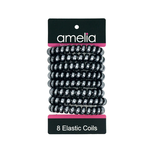 Amelia Beauty Products 8 Large Smooth Shiny Center Elastic Hair Coils, 2. 5in Diameter Thick Spiral Hair Ties, Gentle on Hair, Strong Hold and Minimizes Dents and Creases, Black