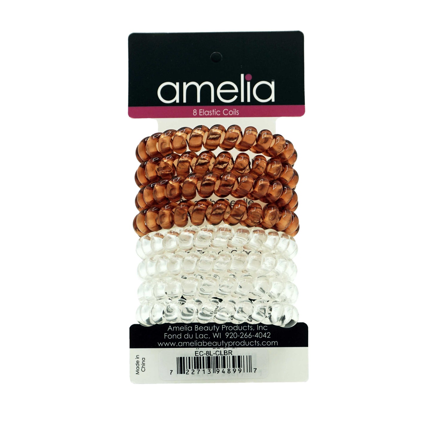 Amelia Beauty Products 8 Large Smooth Elastic Hair Coils, 2. 5in Diameter Thick Spiral Hair Ties, Gentle on Hair, Strong Hold and Minimizes Dents and Creases, Clear and Brown
