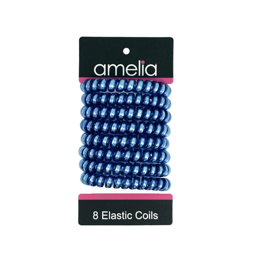 Amelia Beauty Products 8 Large Smooth Shiny Center Elastic Hair Coils, 2. 5in Diameter Thick Spiral Hair Ties, Gentle on Hair, Strong Hold and Minimizes Dents and Creases, Blue