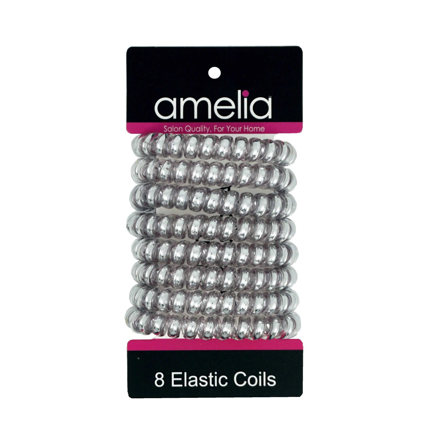 Amelia Beauty Products 8 Large Smooth Shiny Center Elastic Hair Coils, 2. 5in Diameter Thick Spiral Hair Ties, Gentle on Hair, Strong Hold and Minimizes Dents and Creases, Gray