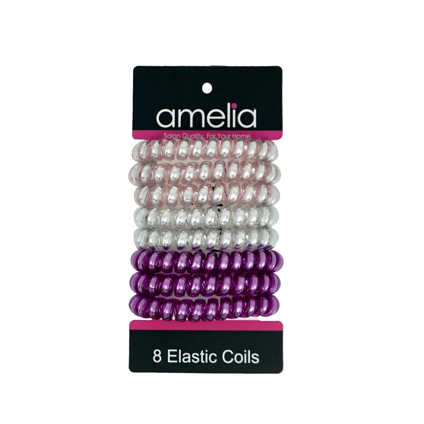 Amelia Beauty Products 8 Large Smooth Shiny Center Elastic Hair Coils, 2. 5in Diameter Thick Spiral Hair Ties, Gentle on Hair, Strong Hold and Minimizes Dents and Creases, Pink, Silver and Purple Mix