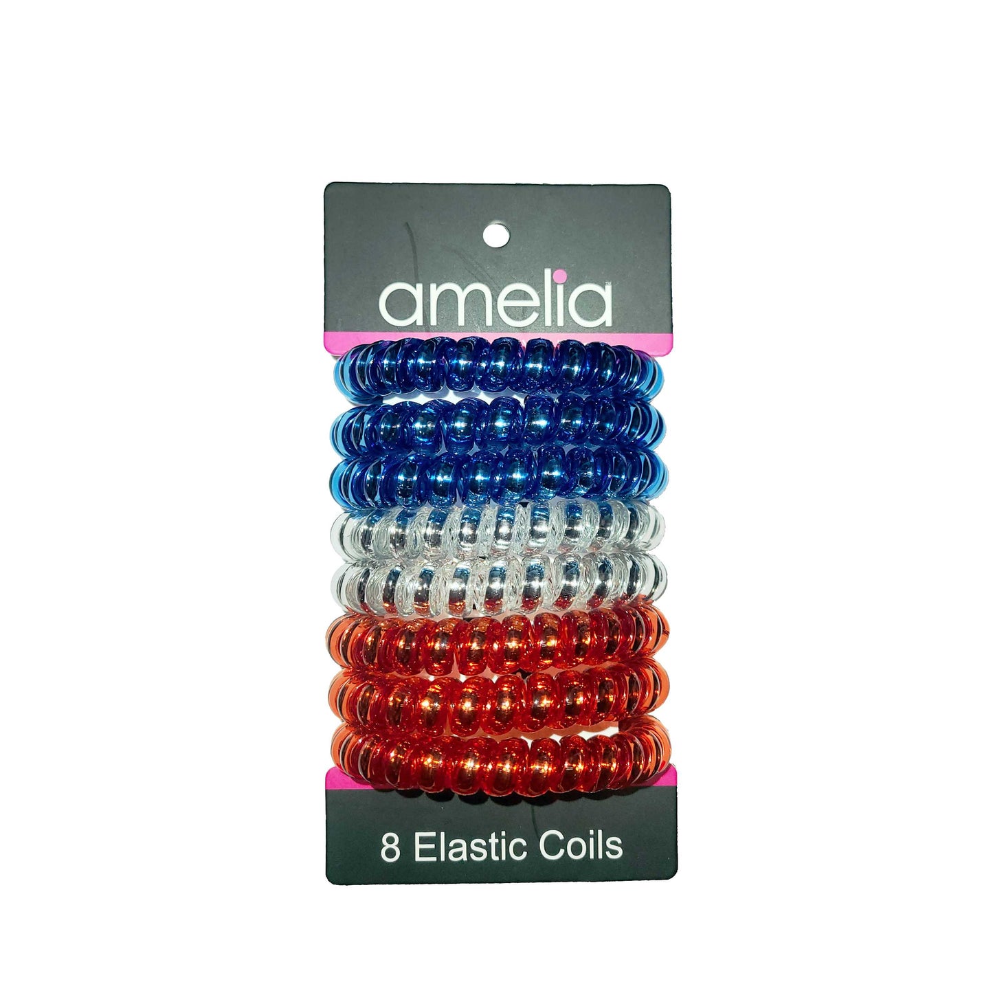 Amelia Beauty Products 8 Large Smooth Shiny Center Elastic Hair Coils, 2. 5in Diameter Thick Spiral Hair Ties, Gentle on Hair, Strong Hold and Minimizes Dents and Creases, Blue, Silver and Red Mix
