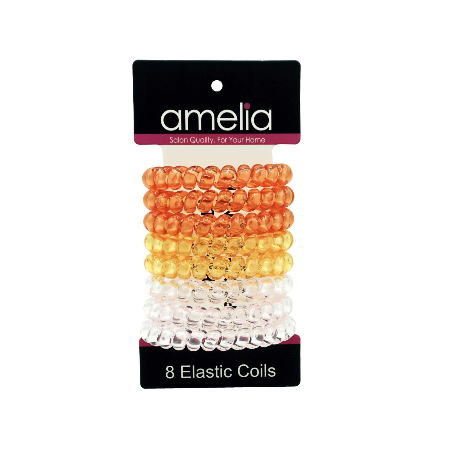 Amelia Beauty Products 8 Large Smooth Shiny Center Elastic Hair Coils, 2. 5in Diameter Thick Spiral Hair Ties, Gentle on Hair, Strong Hold and Minimizes Dents and Creases, Pink, Yellow and Orange Mix