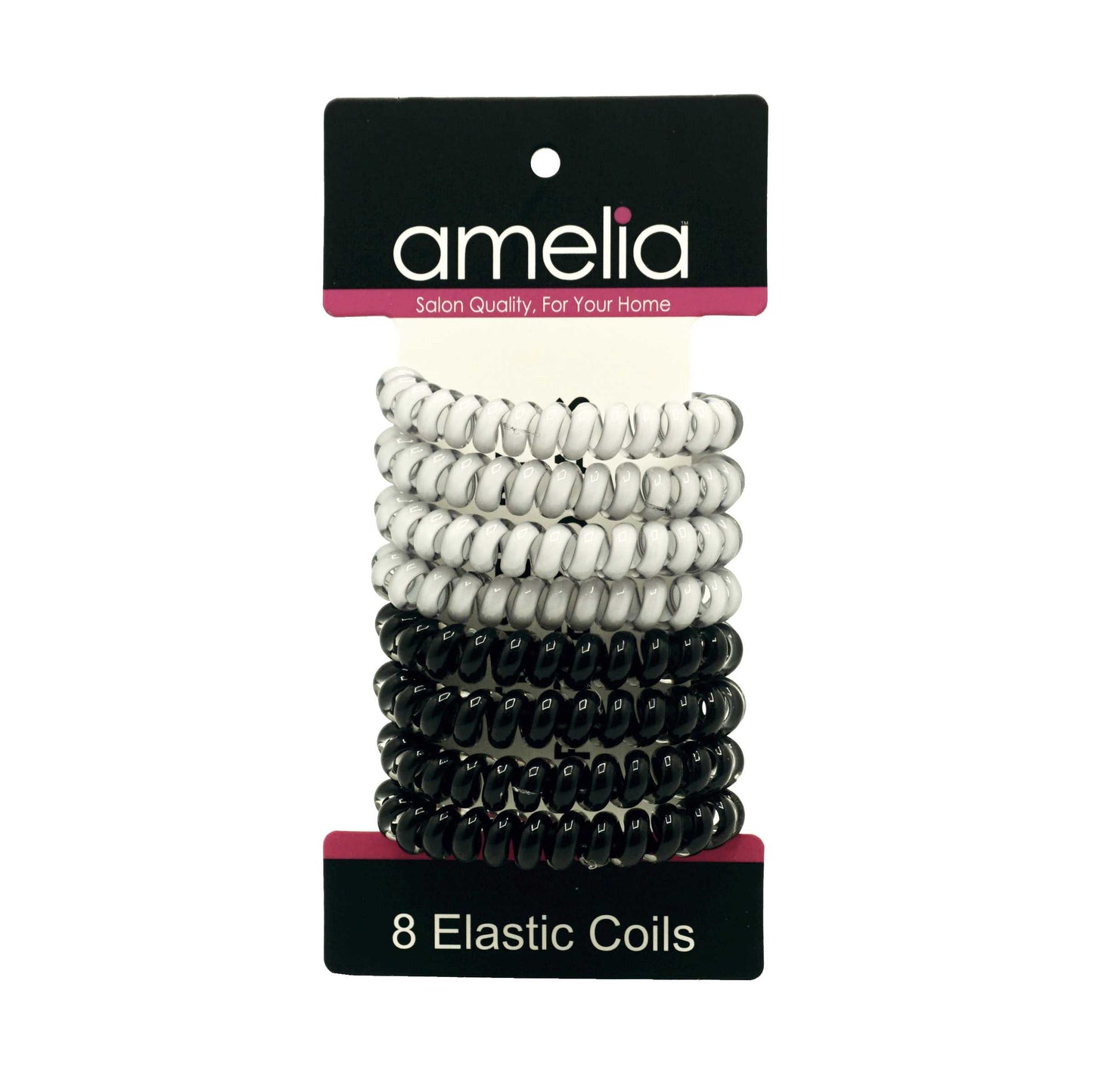 Amelia Beauty Products 8 Medium Elastic Hair Coils, 2.0in Diameter Thick Spiral Hair Ties, Gentle on Hair, Strong Hold and Minimizes Dents and Creases, Black and White Mix