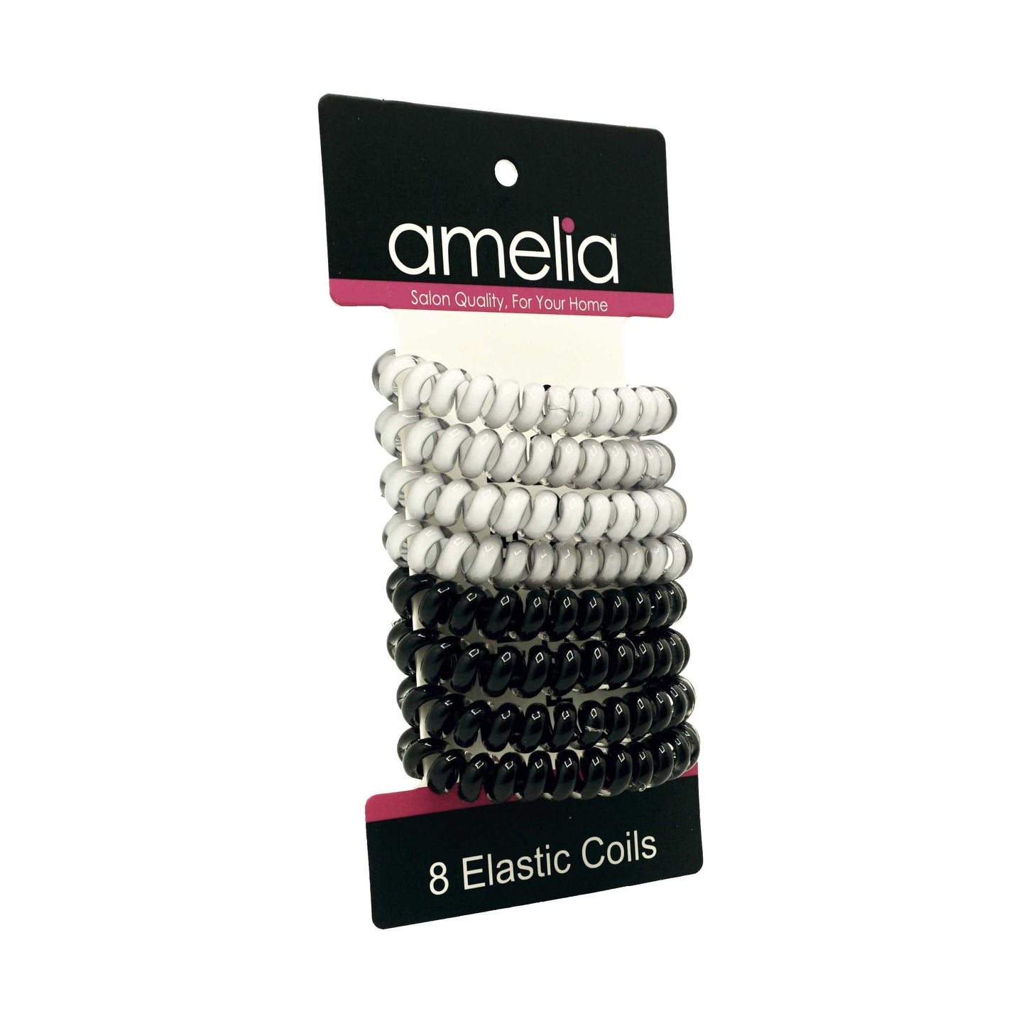 Amelia Beauty Products 8 Medium Elastic Hair Coils, 2.0in Diameter Thick Spiral Hair Ties, Gentle on Hair, Strong Hold and Minimizes Dents and Creases, Black and White Mix