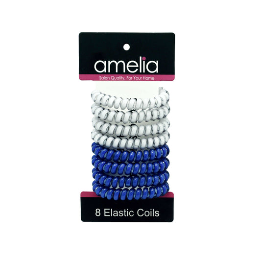 Amelia Beauty Products 8 Medium Elastic Hair Coils, 2.0in Diameter Thick Spiral Hair Ties, Gentle on Hair, Strong Hold and Minimizes Dents and Creases, Blue and White Mix