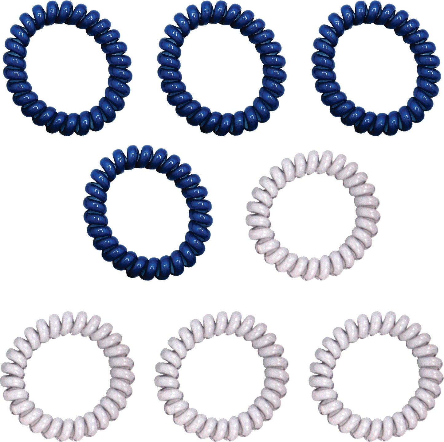 Amelia Beauty Products 8 Medium Elastic Hair Coils, 2.0in Diameter Thick Spiral Hair Ties, Gentle on Hair, Strong Hold and Minimizes Dents and Creases, Blue and White Mix