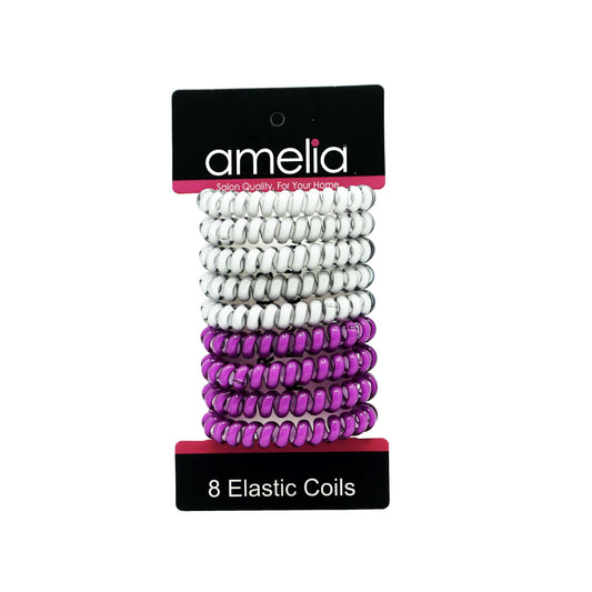 Amelia Beauty Products 8 Medium Elastic Hair Coils, 2.0in Diameter Thick Spiral Hair Ties, Gentle on Hair, Strong Hold and Minimizes Dents and Creases, Magenta and White Mix