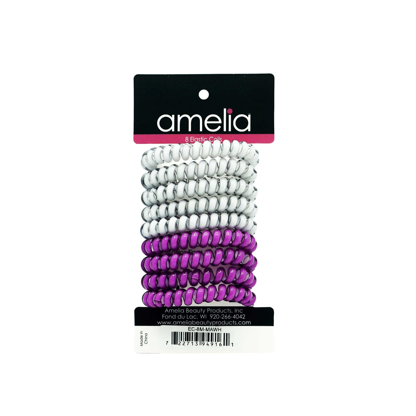 Amelia Beauty Products 8 Medium Elastic Hair Coils, 2.0in Diameter Thick Spiral Hair Ties, Gentle on Hair, Strong Hold and Minimizes Dents and Creases, Magenta and White Mix