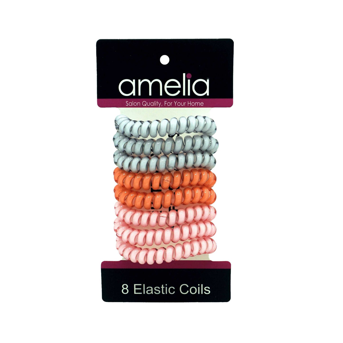 Amelia Beauty Products 8 Medium Elastic Hair Coils, 2.0in Diameter Thick Spiral Hair Ties, Gentle on Hair, Strong Hold and Minimizes Dents and Creases, Pink, Orange and White Mix