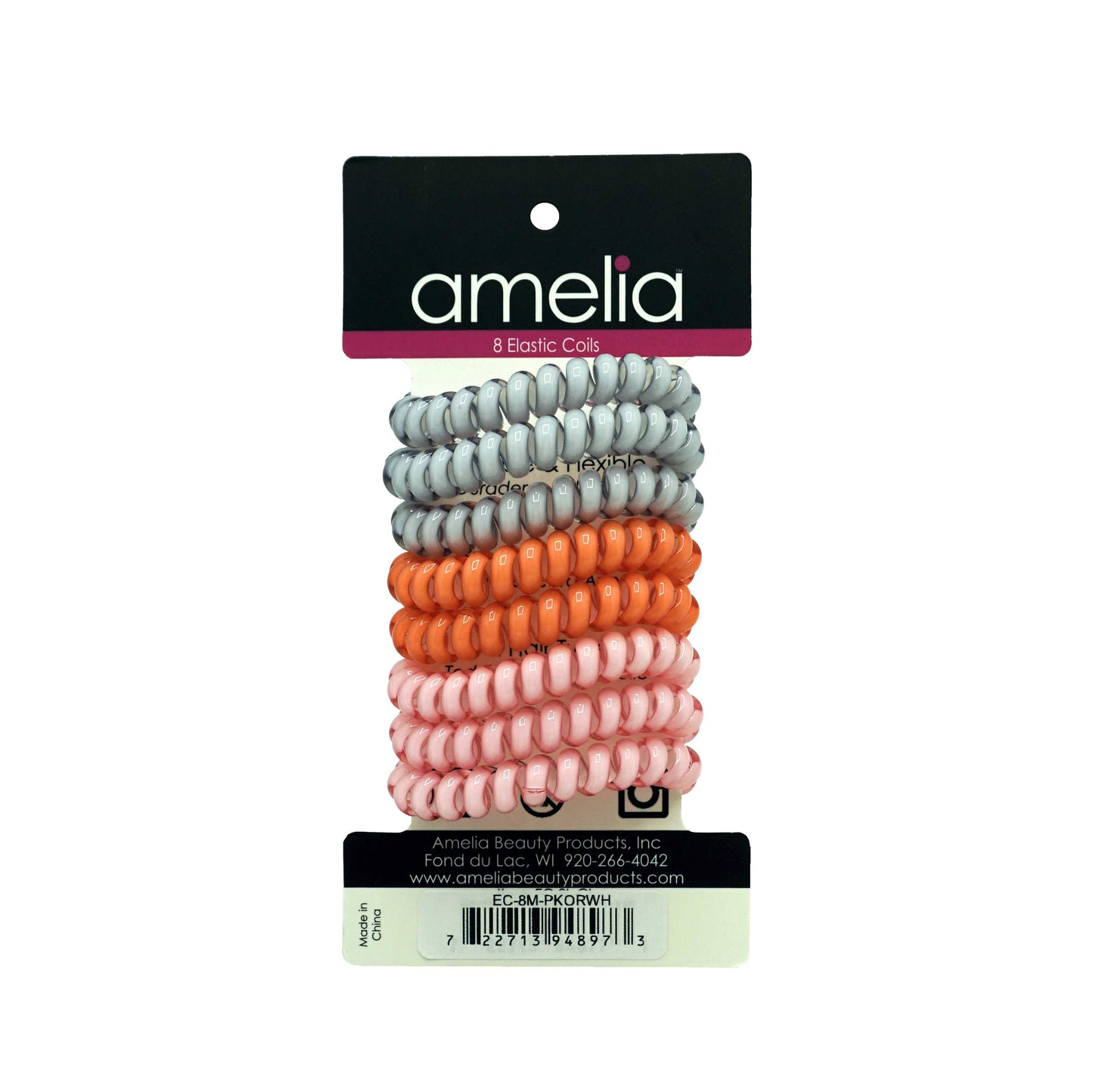 Amelia Beauty Products 8 Medium Elastic Hair Coils, 2.0in Diameter Thick Spiral Hair Ties, Gentle on Hair, Strong Hold and Minimizes Dents and Creases, Pink, Orange and White Mix