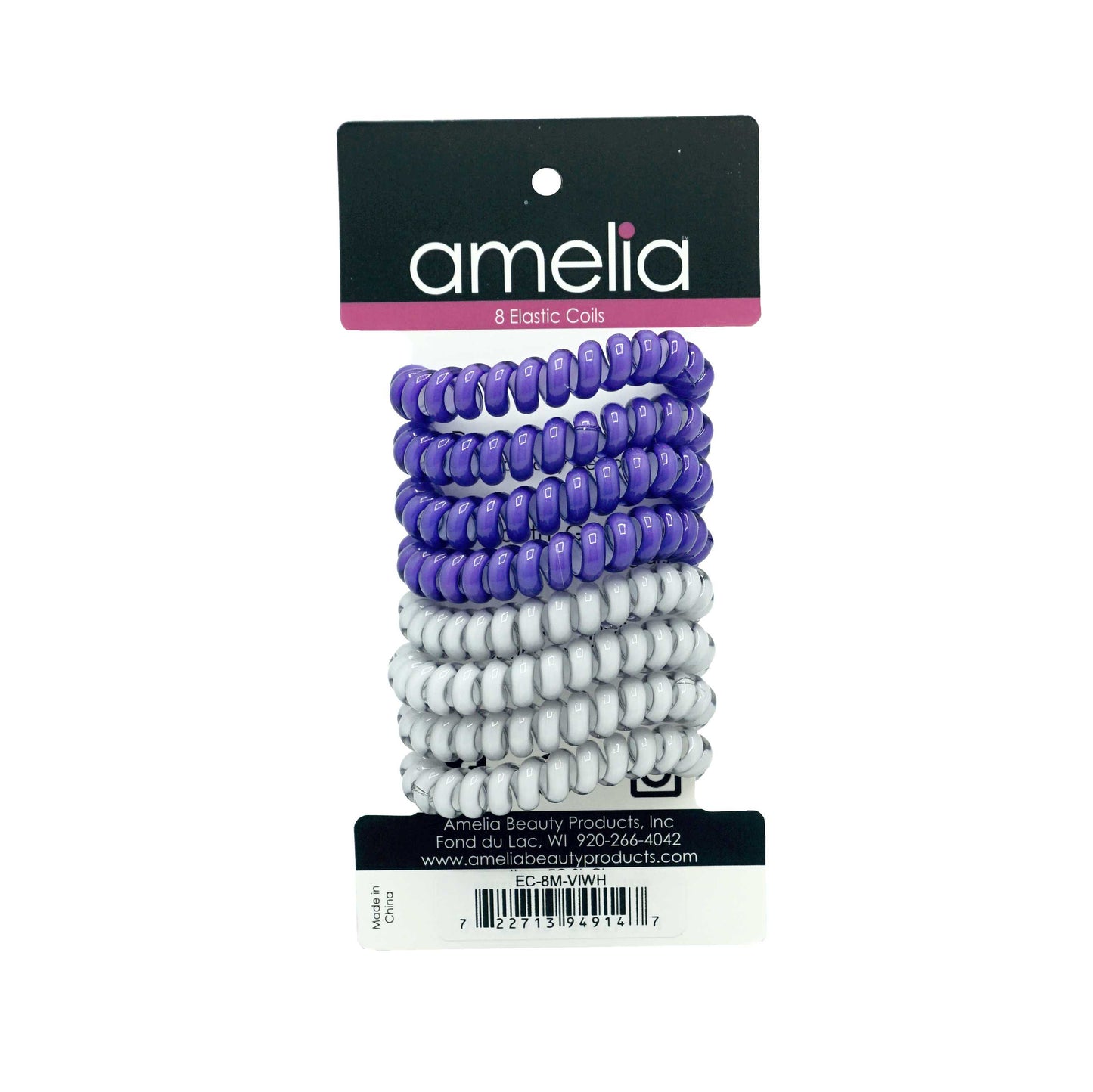 Amelia Beauty Products 8 Medium Elastic Hair Coils, 2.0in Diameter Thick Spiral Hair Ties, Gentle on Hair, Strong Hold and Minimizes Dents and Creases, Violet and White Mix