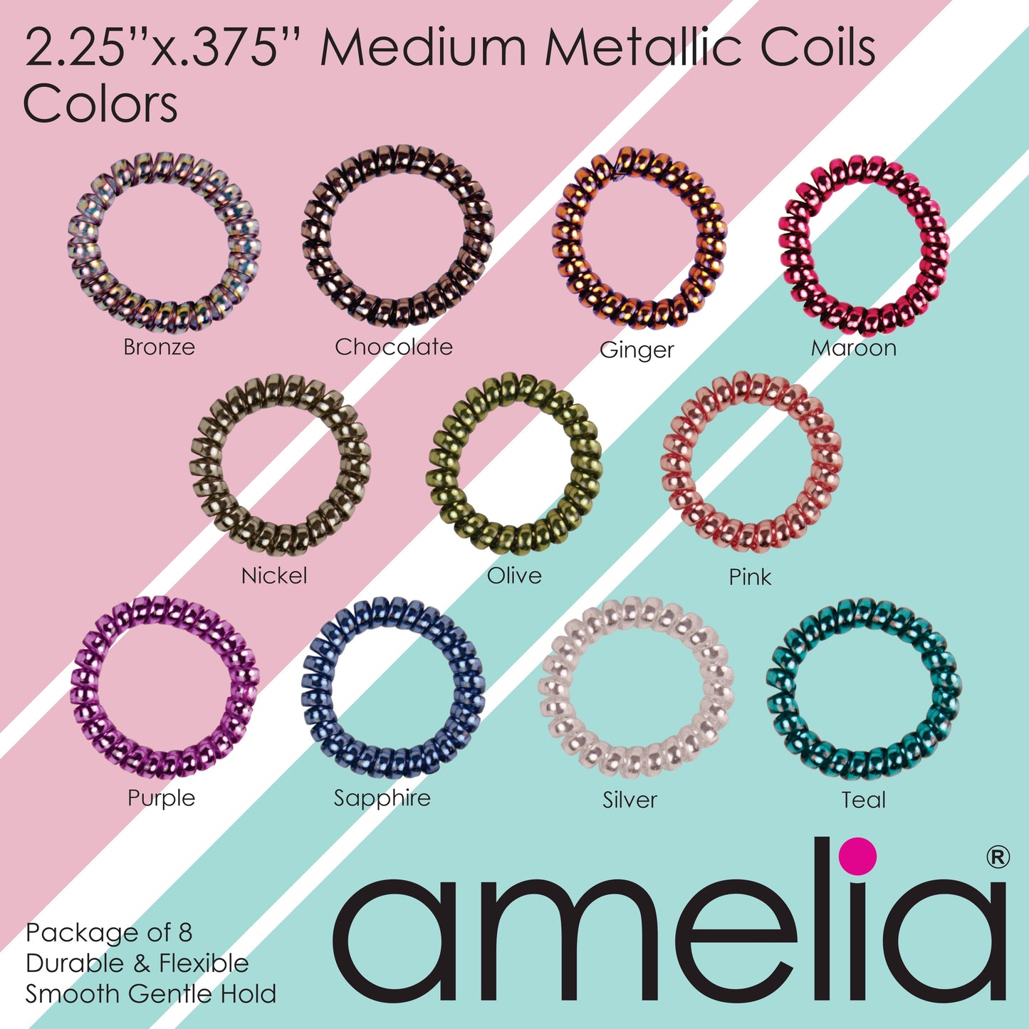 Amelia Beauty Products 8 Medium Smooth Elastic Hair Coils, 2.25in Diameter Spiral Hair Ties, Gentle on Hair, Strong Hold and Minimizes Dents and Creases, Nickel