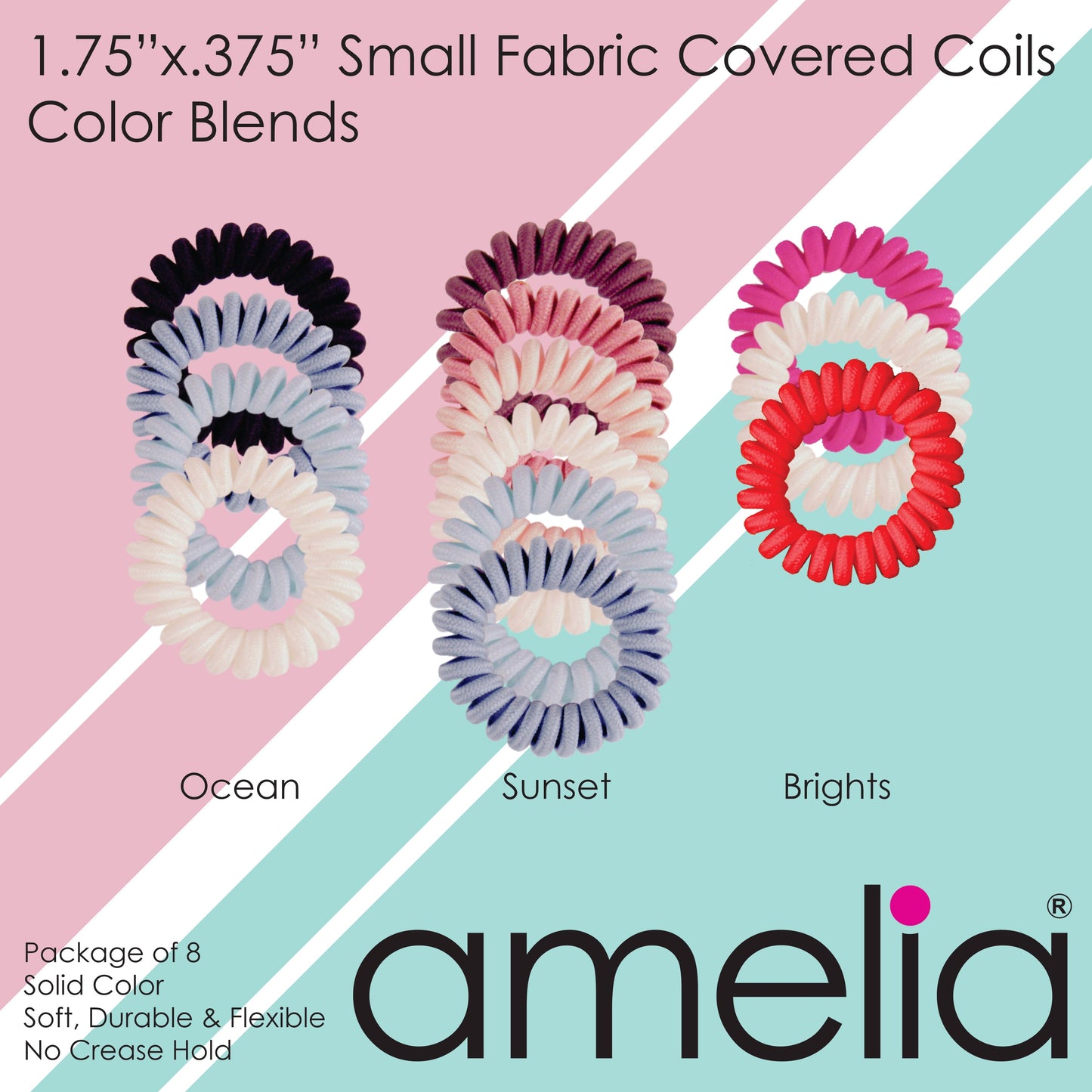 Amelia Beauty, 8 Small Fabric Wrapped Elastic Hair Coils, 1.75in Diameter Spiral Hair Ties, Gentle on Hair, Strong Hold and Minimizes Dents and Creases, White with Black Stripe