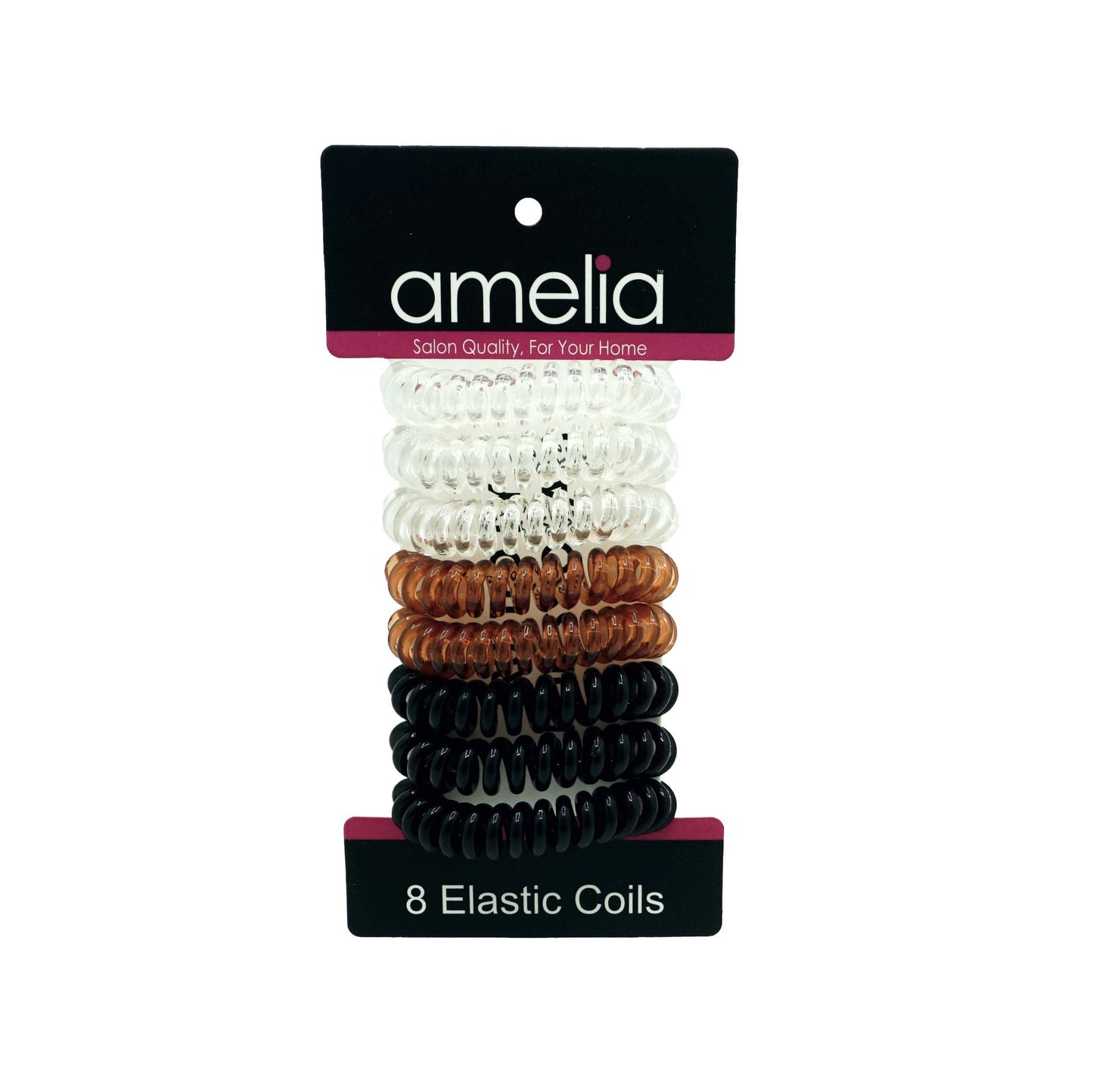 Amelia Beauty Products 8 Small Elastic Hair Coils, 1.5in Diameter Thick Spiral Hair Ties, Gentle on Hair, Strong Hold and Minimizes Dents and Creases, Black, Brown and Clear Mix