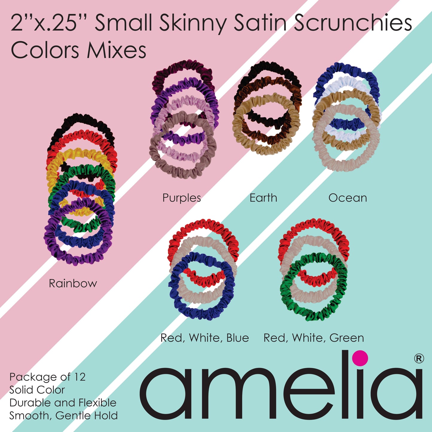 Amelia Beauty, Red, White and Blue Mix Skinny Satin Scrunchies, 2in Diameter, Gentle and Strong Hold, No Snag, No Dents or Creases. 12 Pack