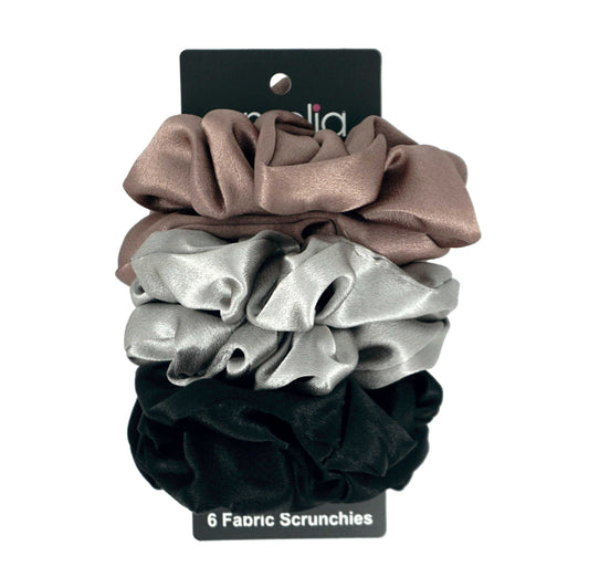 Amelia Beauty Products, Black, Gray and Brown Scrunchies, 4.5in Diameter, Gentle on Hair, Strong Hold, No Snag, No Dents or Creases. 6 Pack