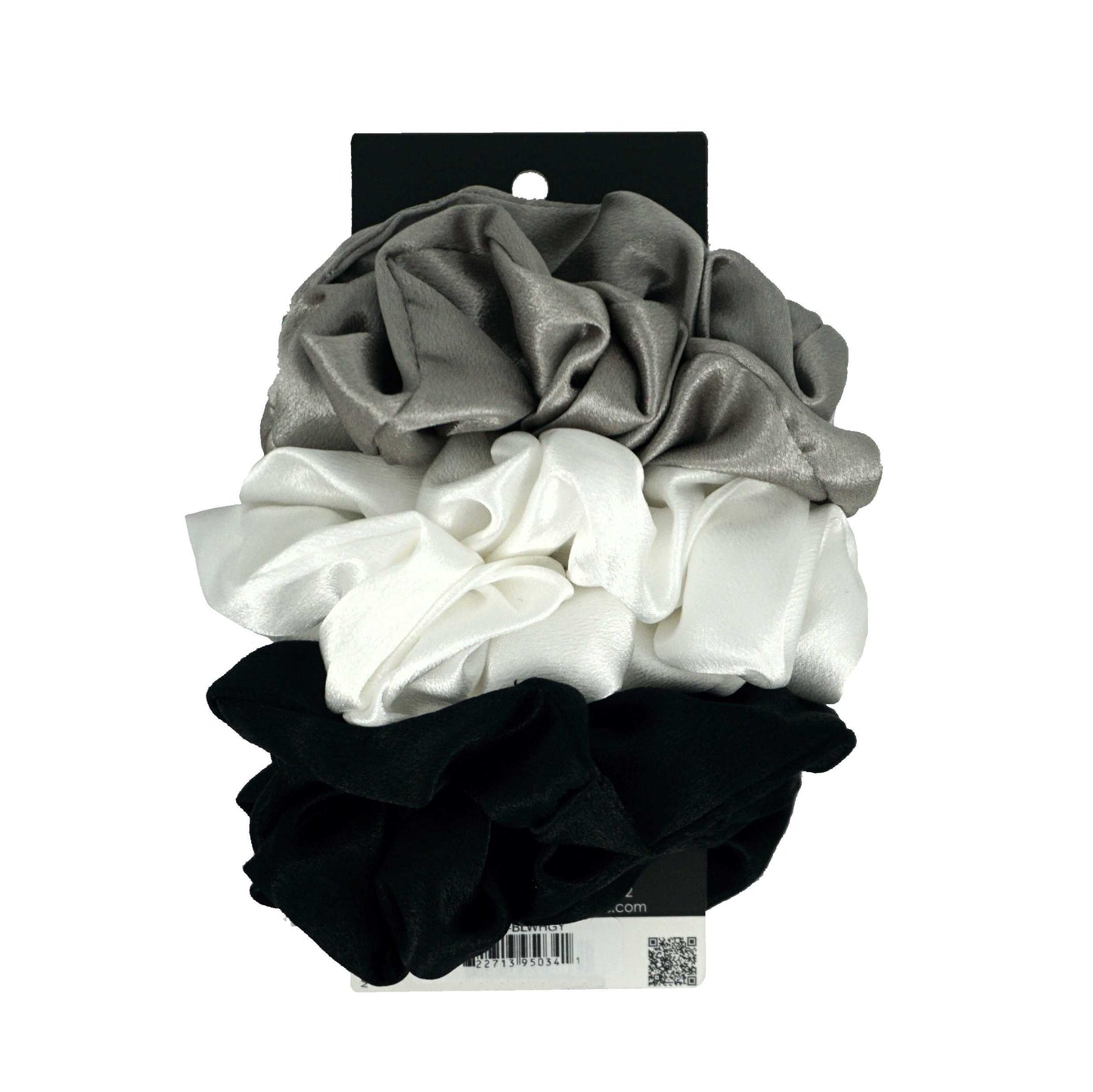 Amelia Beauty Products, Black, White and Gray Scrunchies, 4.5in Diameter, Gentle on Hair, Strong Hold, No Snag, No Dents or Creases. 6 Pack