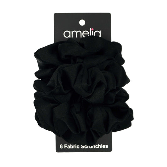 Amelia Beauty Products, Black Imitation Silk Scrunchies, 4.5in Diameter, Gentle on Hair, Strong Hold, No Snag, No Dents or Creases. 6 Pack