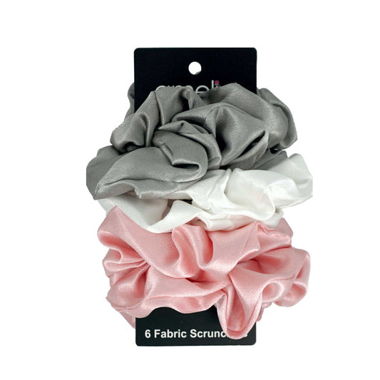 Amelia Beauty Products, Gray, White and Pink Scrunchies, 4.5in Diameter, Gentle on Hair, Strong Hold, No Snag, No Dents or Creases. 6 Pack