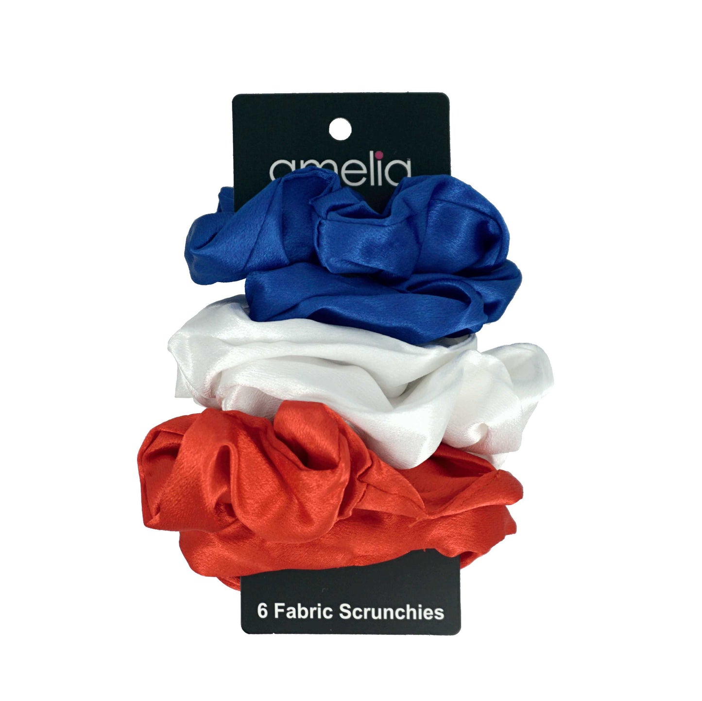 Amelia Beauty, Red, White and Blue Imitation Silk Scrunchies, 4.5in Diameter, Gentle on Hair, Strong Hold, No Snag, No Dents or Creases. 6 Pack