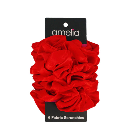 Amelia Beauty, Red Imitation Silk Scrunchies, 4.5in Diameter, Gentle on Hair, Strong Hold, No Snag, No Dents or Creases. 6 Pack
