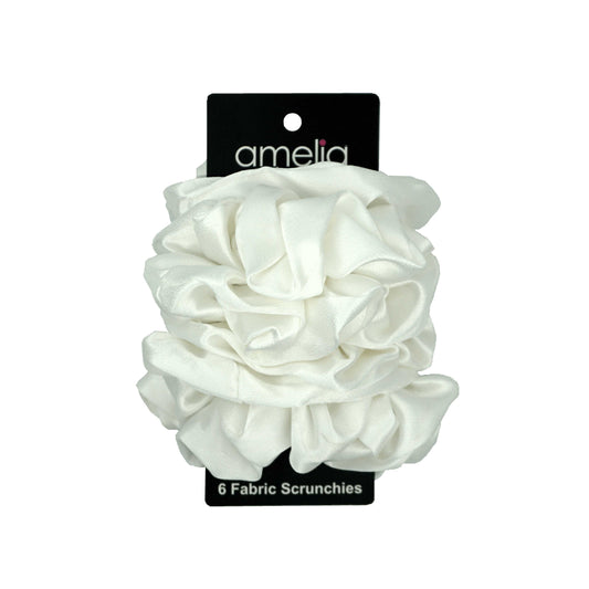 Amelia Beauty Products, White Scrunchies, 4.5in Diameter, Gentle on Hair, Strong Hold, No Snag, No Dents or Creases. 6 Pack