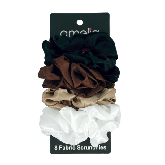 Amelia Beauty Products, Black, Brown, Tan and White Satin Scrunchies, 3.5in Diameter, Gentle on Hair, Strong Hold, No Snag, No Dents or Creases. 8 Pack