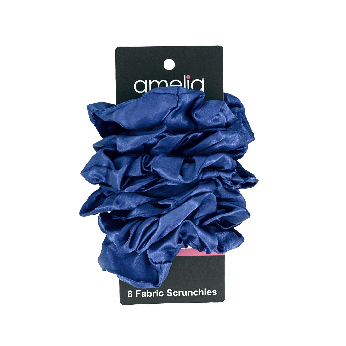 Amelia Beauty Products, Blue Satin Scrunchies, 3.5in Diameter, Gentle on Hair, Strong Hold, No Snag, No Dents or Creases. 8 Pack
