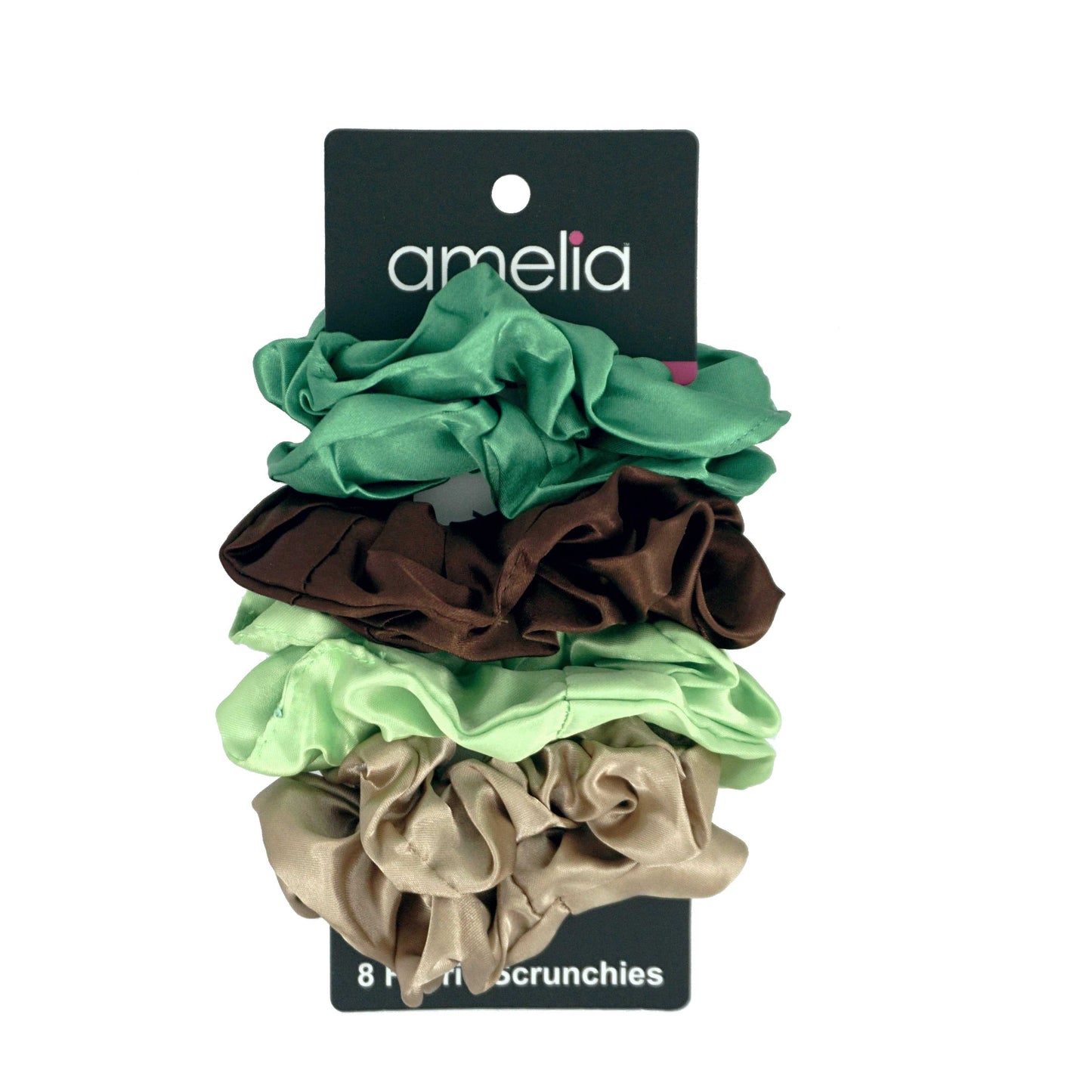 Amelia Beauty Products, Green, Brown, Lime and Tan Satin Scrunchies, 3.5in Diameter, Gentle on Hair, Strong Hold, No Snag, No Dents or Creases. 8 Pack