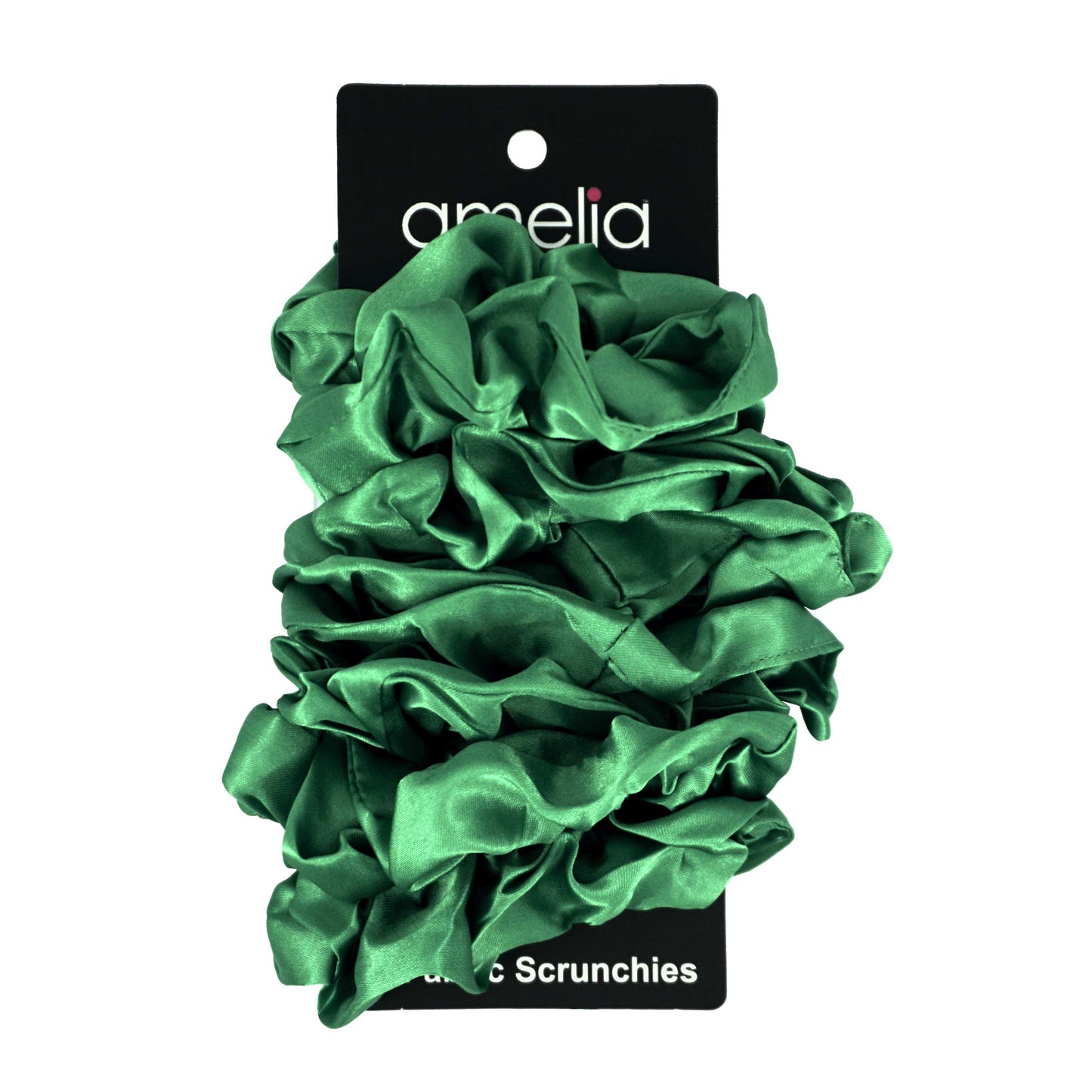 Amelia Beauty Products, Green Satin Scrunchies, 3.5in Diameter, Gentle on Hair, Strong Hold, No Snag, No Dents or Creases. 8 Pack