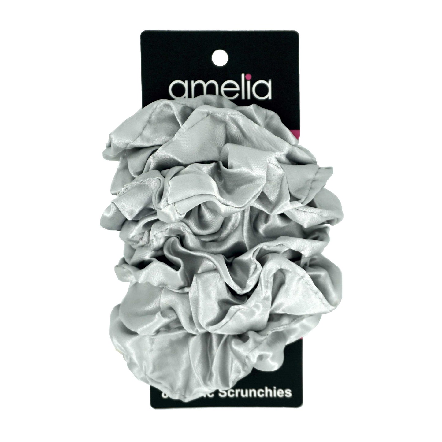 Amelia Beauty Products, Gray Satin Scrunchies, 3.5in Diameter, Gentle on Hair, Strong Hold, No Snag, No Dents or Creases. 8 Pack