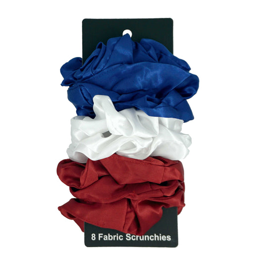 Amelia Beauty Products, Red, White and Blue Satin Scrunchies, 3.5in Diameter, Gentle on Hair, Strong Hold, No Snag, No Dents or Creases. 8 Pack
